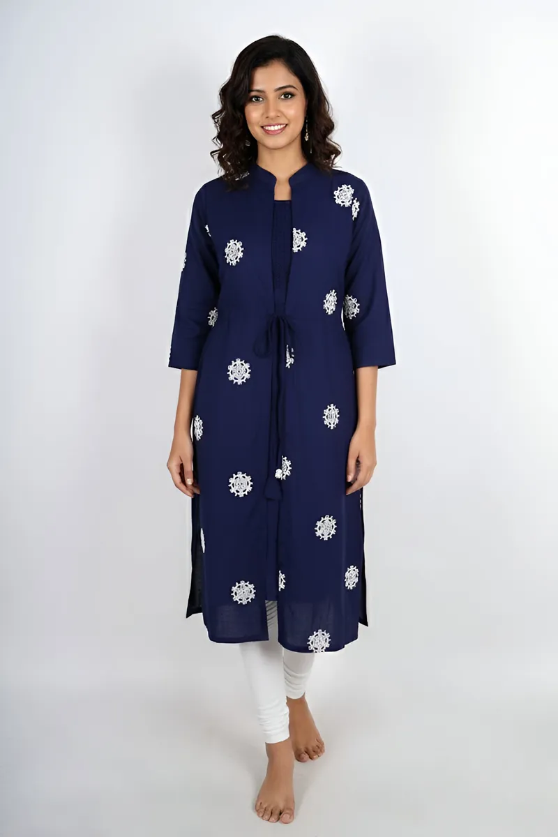 Cotton Embroidered A-line Jacket Kurta for Women CLW00266NAVL