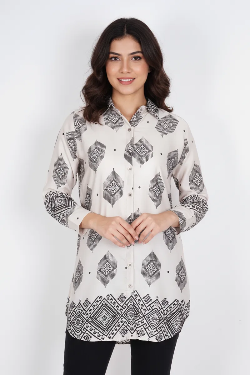 Rayon Geometric Printed Shirt Style Top for Women 