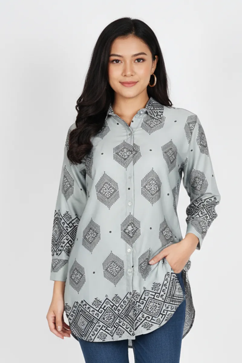 Rayon Geometric Printed Shirt Style Top for Women CLW00270SAGXXL