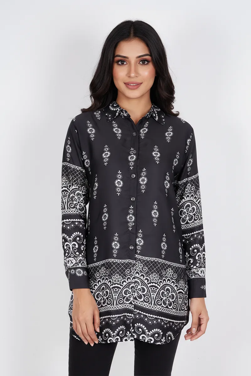 Rayon Floral Printed Shirt Style Top for Women CLW00272BLAXL