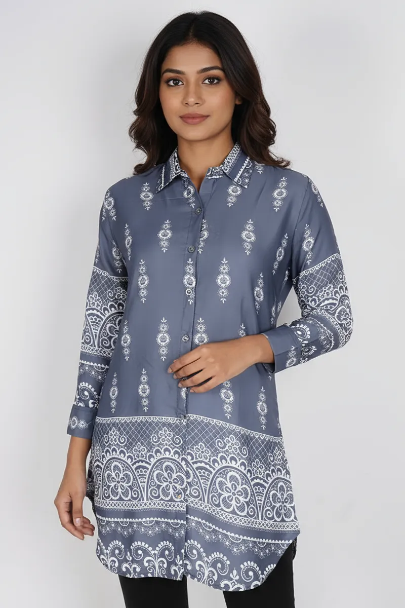 Rayon Floral Printed Shirt Style Top for Women CLW00272BLUGREXL