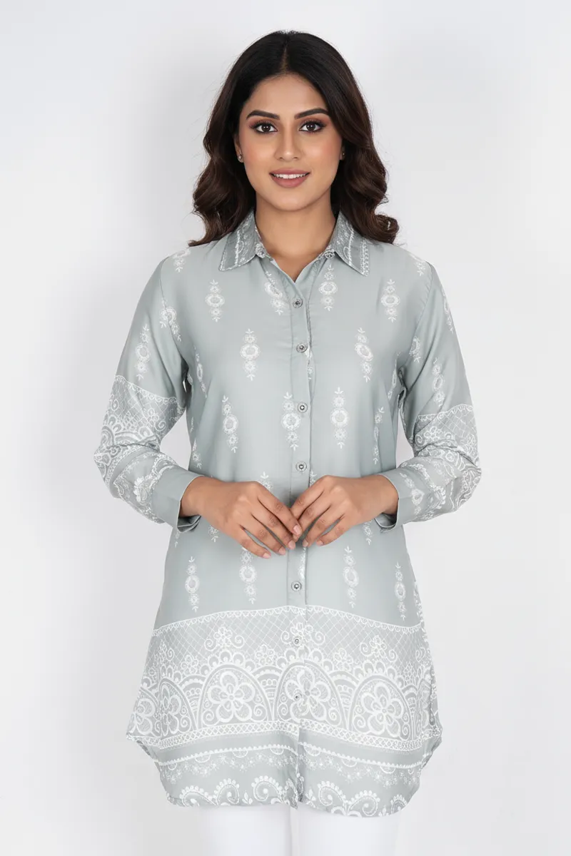 Rayon Floral Printed Shirt Style Top for Women CLW00272GREXXL