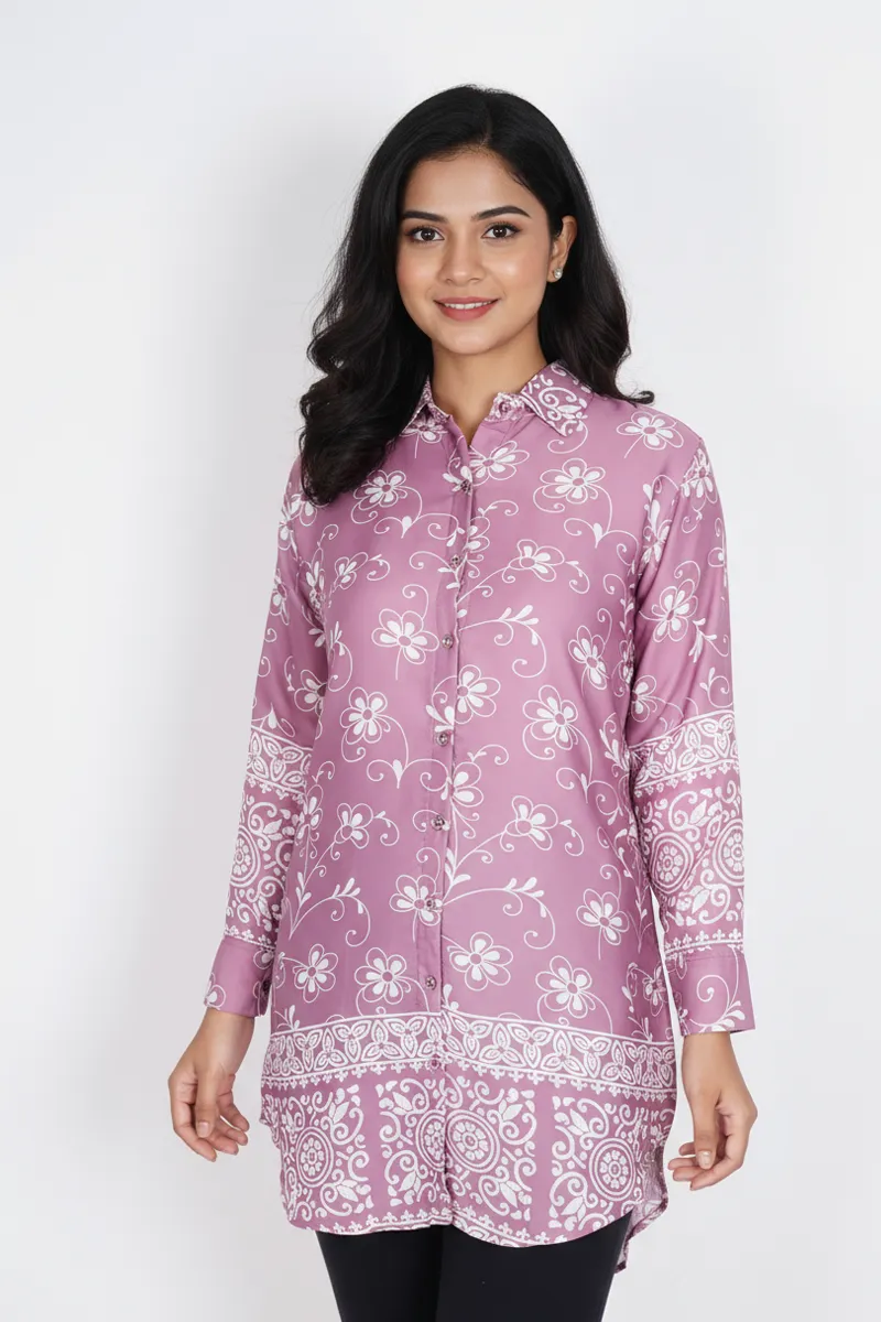 Rayon Floral Printed Shirt Style Top for Women CLW00273DUSPINXL