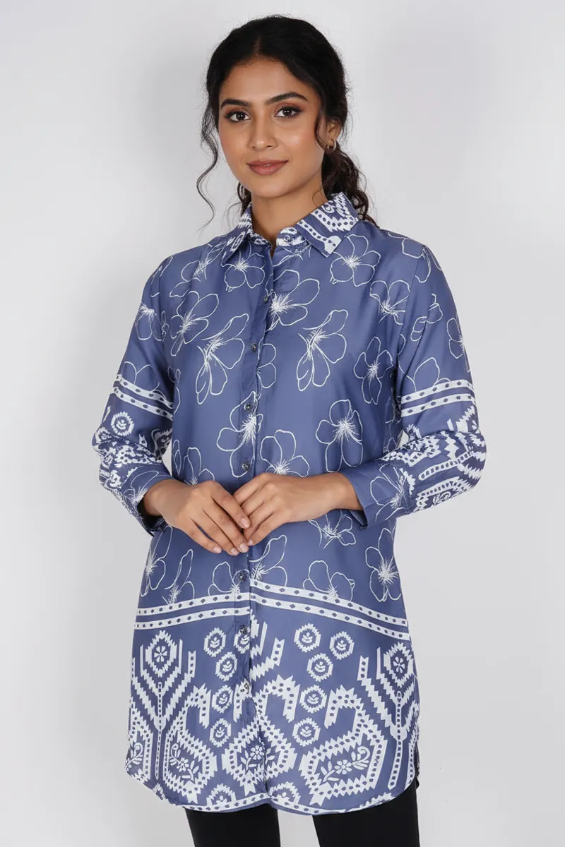 Rayon Floral Printed Shirt Style Top for Women CLW00274BLUGREXXL