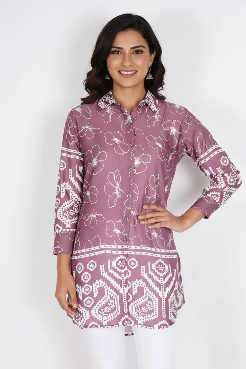 Rayon Floral Printed Shirt Style Top for Women CLW00274MAUXL