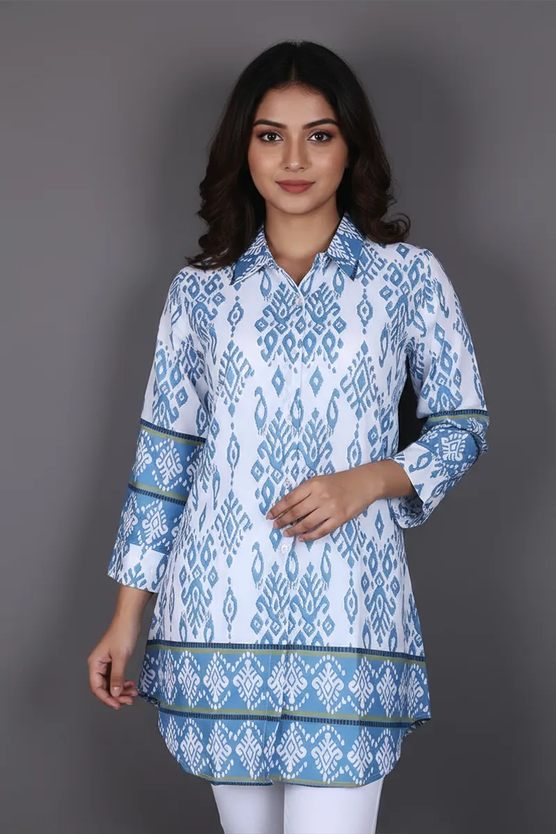 Rayon Ikat Printed Shirt Style Top for WomenCLW00275BLUL