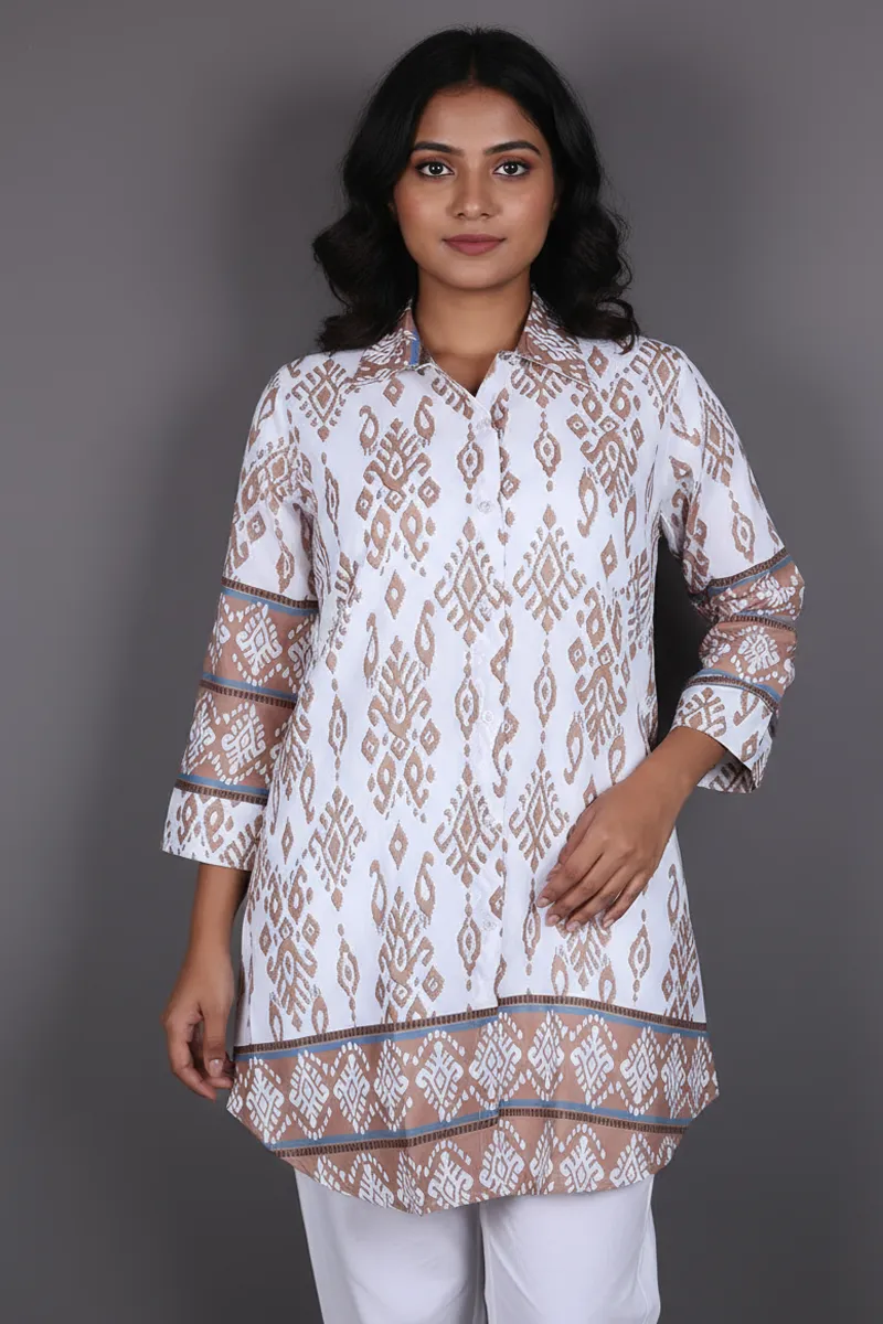 Rayon Ikat Printed Shirt Style Top for WomenCLW00275BROL