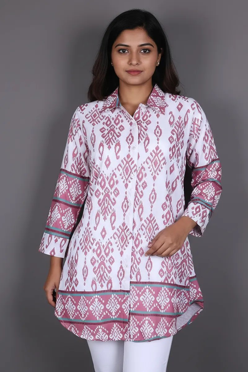 Rayon Ikat Printed Shirt Style Top for WomenCLW00275DUSPINXXL