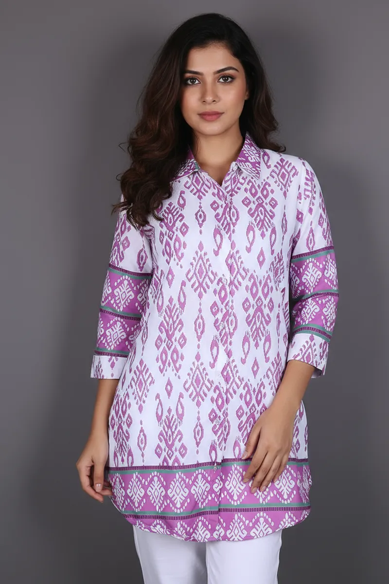 Rayon Ikat Printed Shirt Style Top for WomenCLW00275PINL