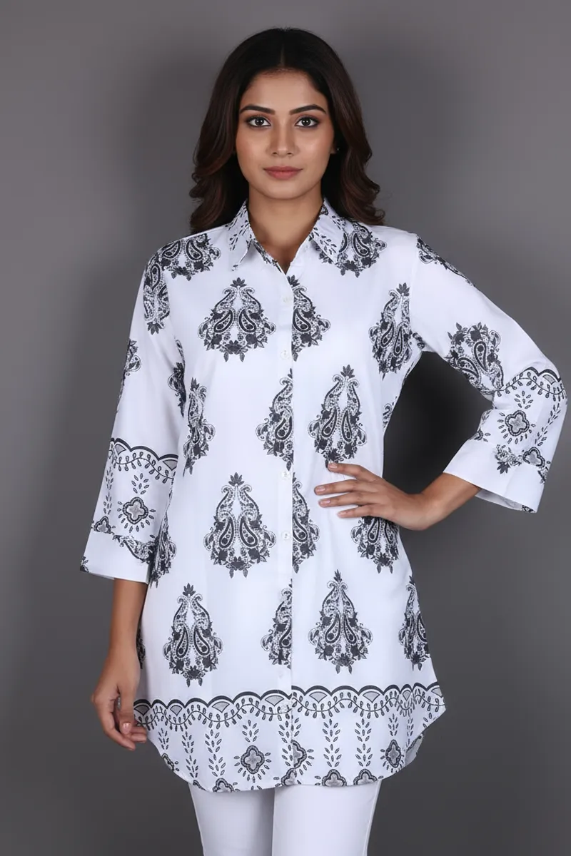Rayon Paisley Printed Shirt Style Top for WomenCLW00277BLAL