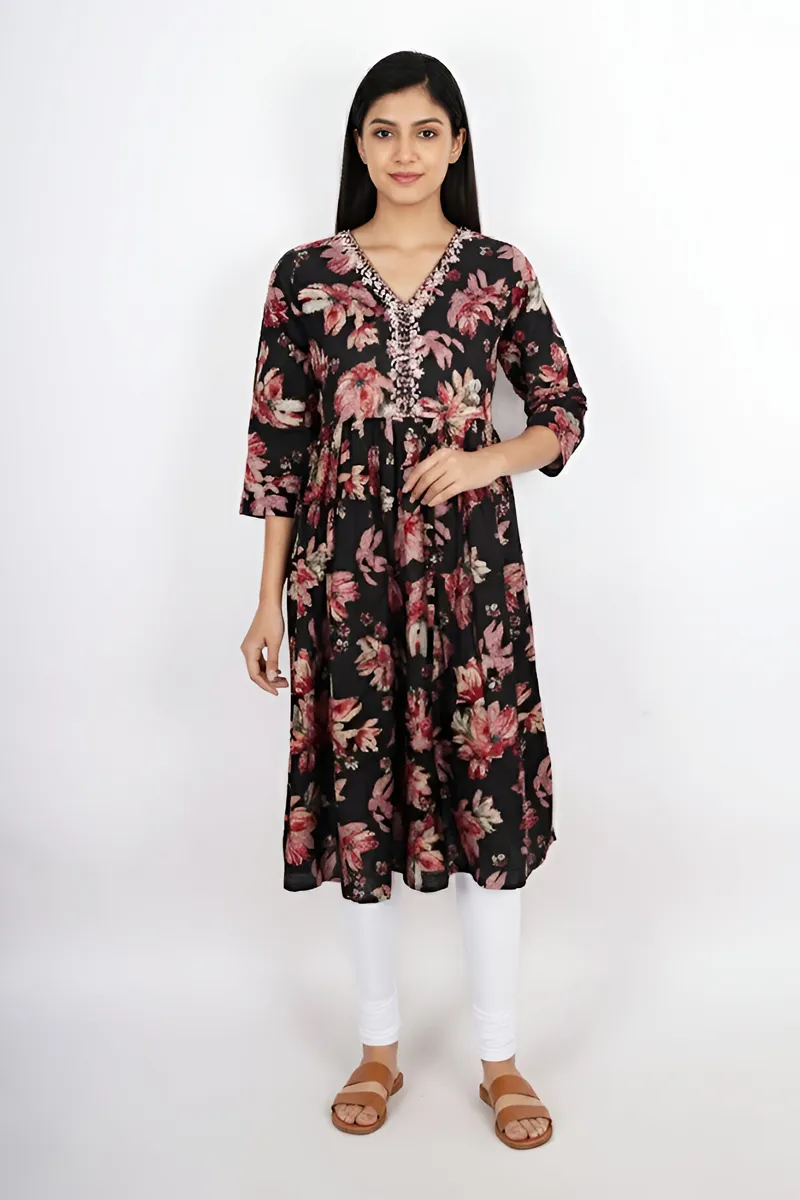 Rayon Floral Printed A-line Kurti for Women CLW00282BLAL