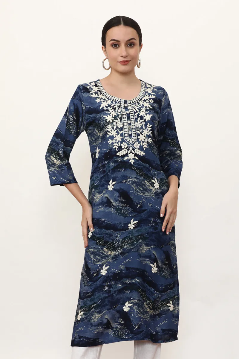 Viscose Rayon Floral Embroidered Kurti for Women CLW00418NAVBLUXXL