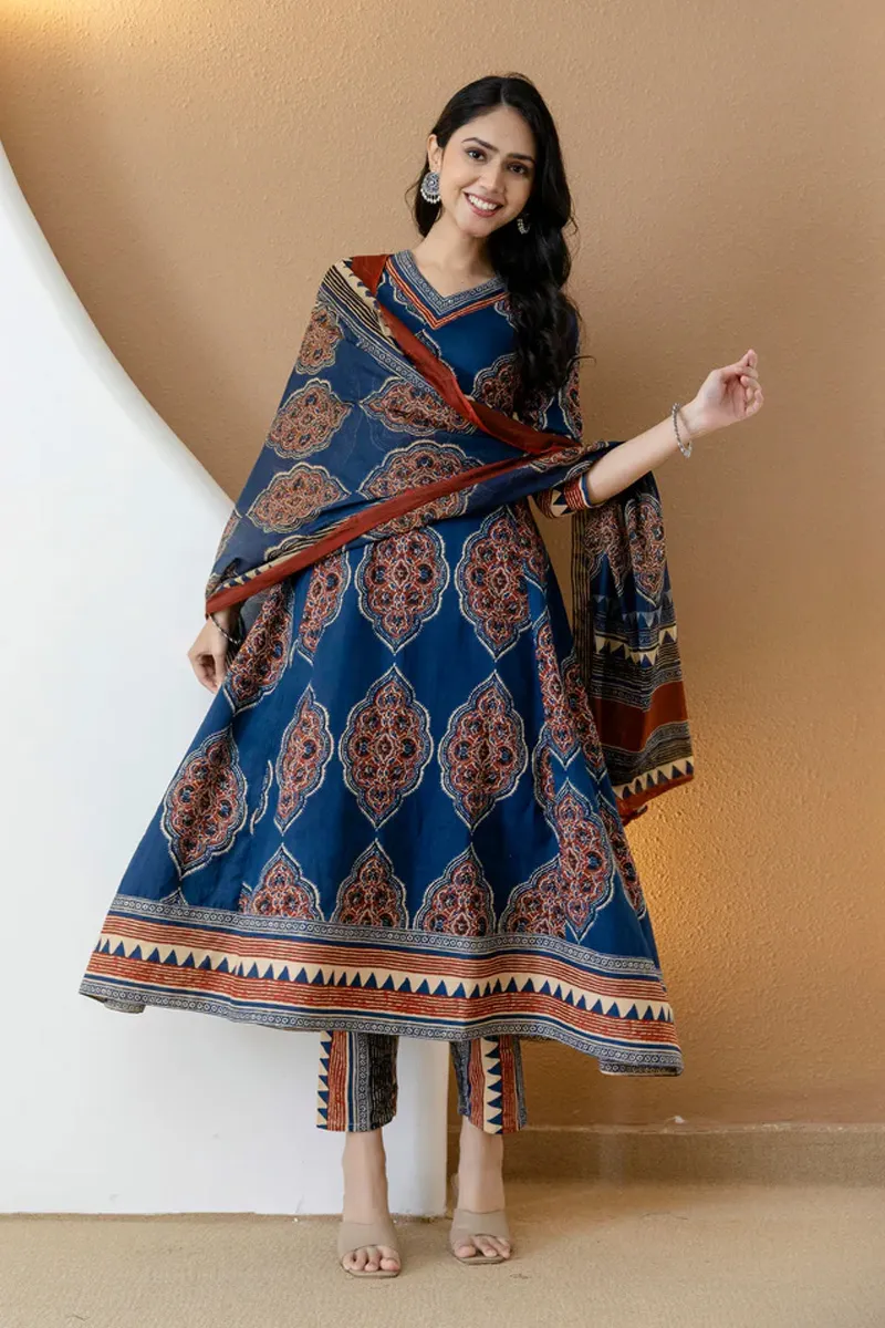 Cotton Ethnic Motif Printed Anarkali Kurti with Pant & Dupatta Set for Women 