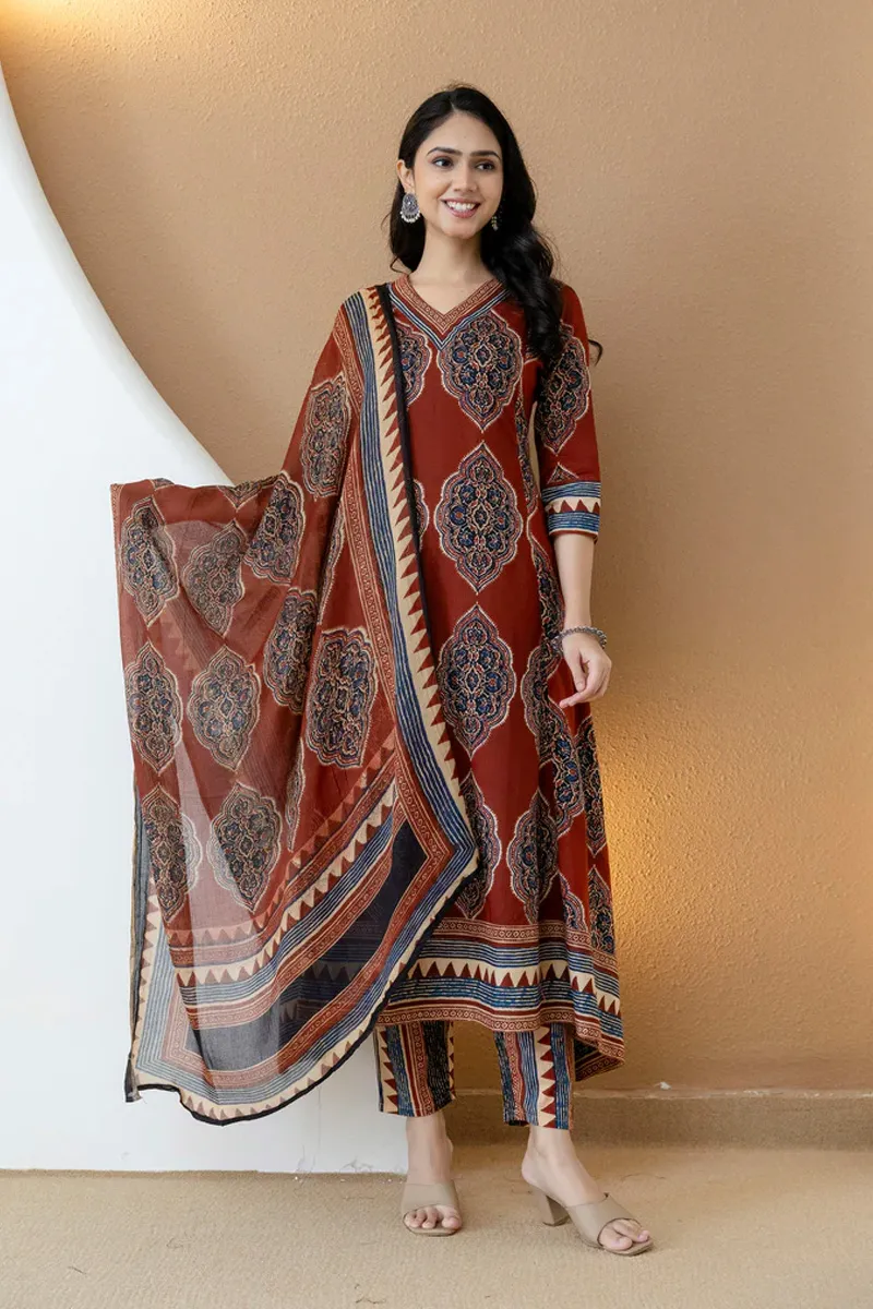Cotton Ethnic Motif Printed Anarkali Kurti with Pant & Dupatta Set for Women 