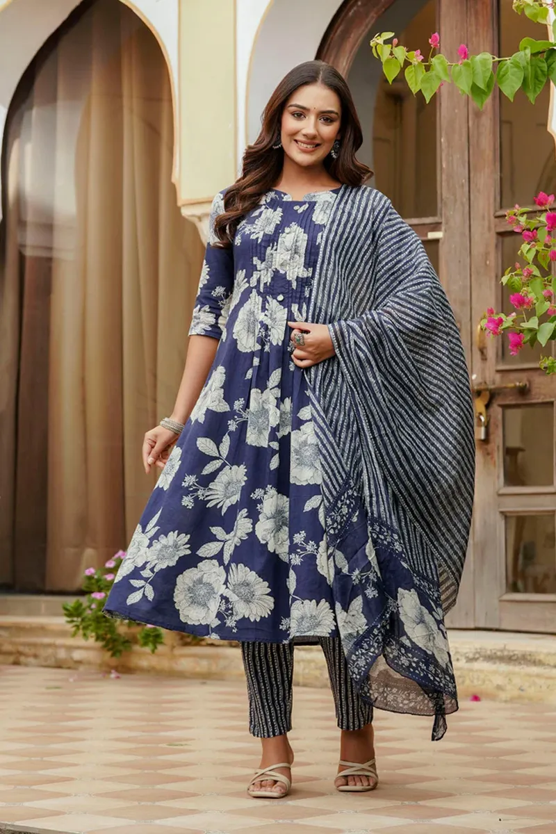 Cotton Floral Printed Kurti with Pant & Dupatta Set for Women CLW00575BLUXL