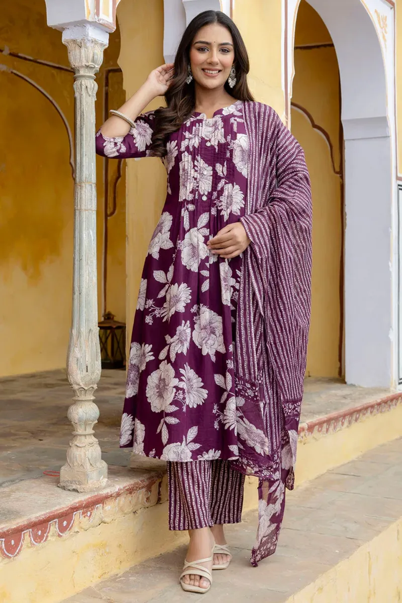 Cotton Floral Printed Kurti with Pant & Dupatta Set for Women CLW00575PURS