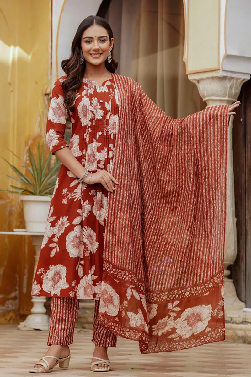 Cotton Floral Printed Kurti with Pant & Dupatta Set for Women