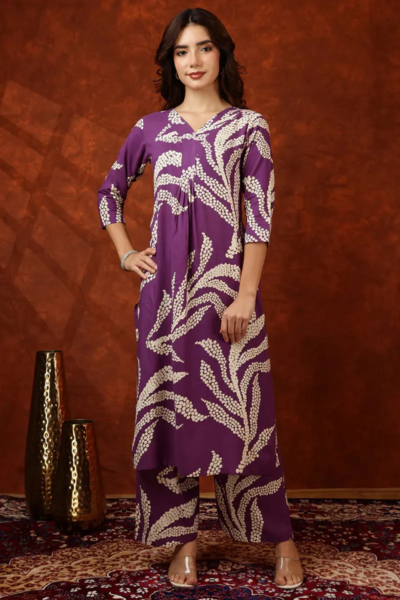 Rayon Botanical printed Kurta with Palazzo Pant Set for Women CLW00576PURS