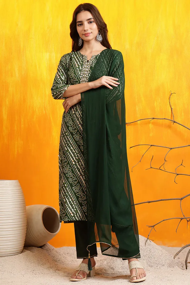 Rayon Printed Embroidered Kurti with Pant & Dupatta Set for Women CLW00578GRES