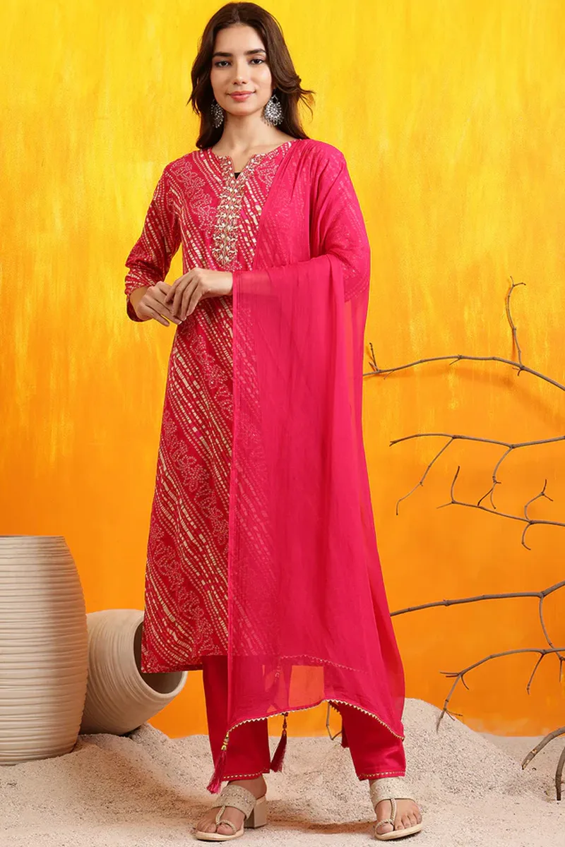 Rayon Printed Embroidered Kurti with Pant & Dupatta Set for Women CLW00578PINXXL