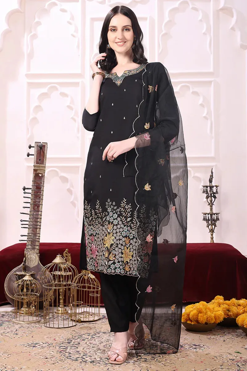 Chanderi Cotton Sequined & Thread Embroidered Kurti with Pant & Dupatta Set for Women 