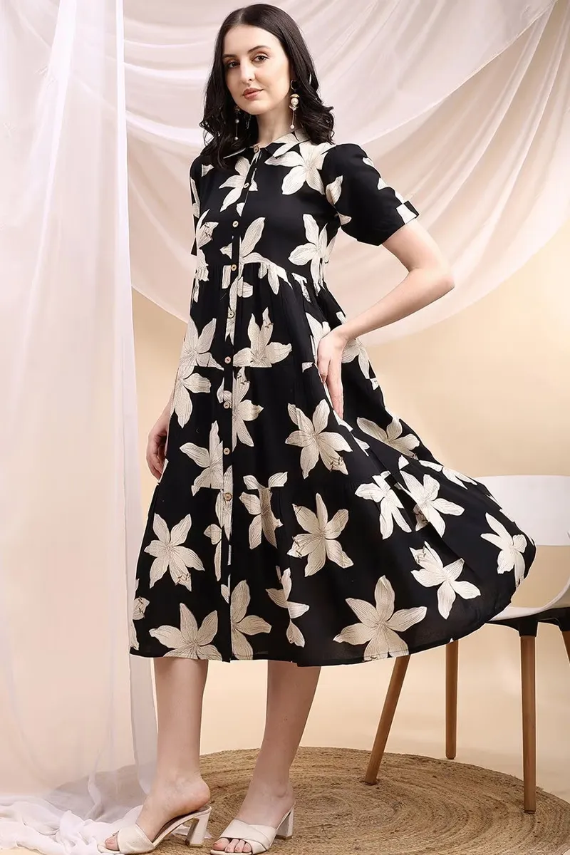 Rayon Floral Printed A-line Dress for Women 