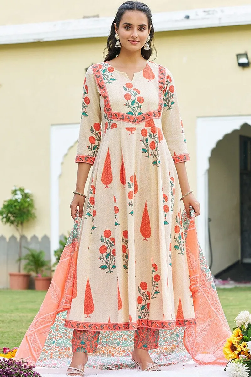 Cotton Floral Printed Anarkali  Kurti with Pant & Dupatta Set for Women 