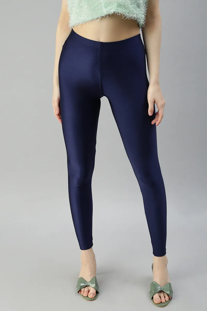 Nylon Ankle Length Shimmer Leggings for Women CLW00598NAVS