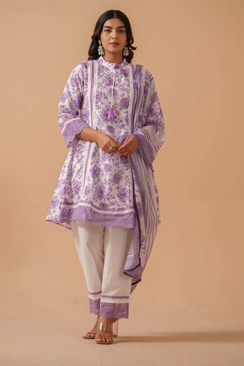 Linen Foral Printed Kurti with Pant & Dupatta Set for Women CLW00601LAVXL