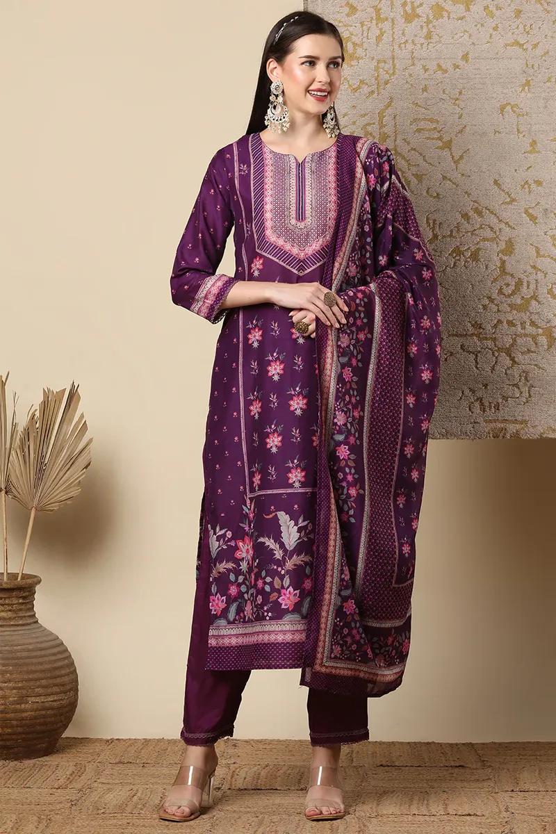 Muslin Silk Foral Printed Kurti with Pant & Dupatta Set for Women CLW00602PURXL
