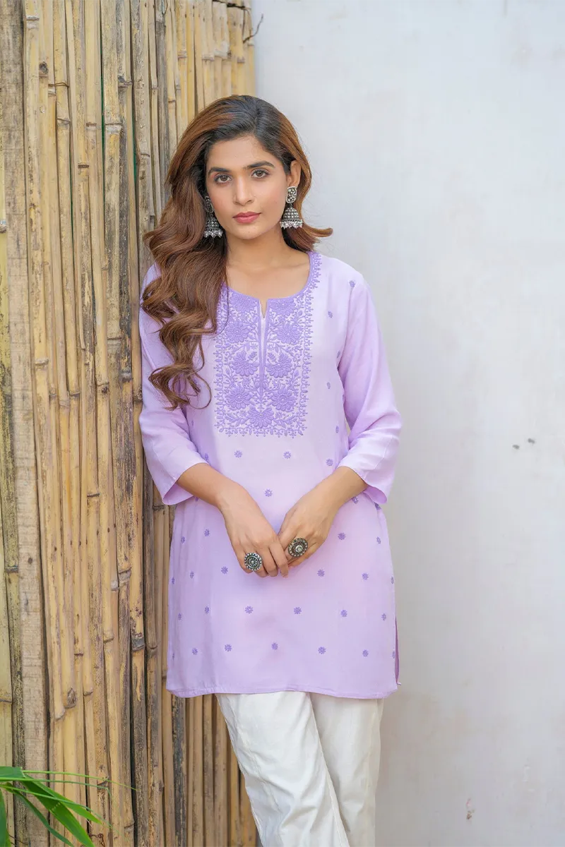 Viscose Rayon Floral Embroidered Short Kurti for Women CLW00604LAVM