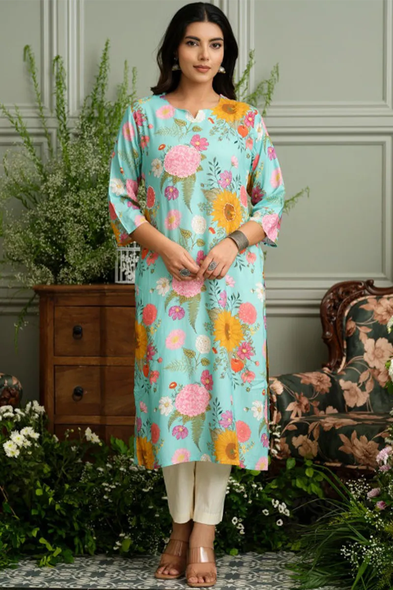 Viscose Rayon Floral Printed Kurti for Women CLW00606SKYBLUS