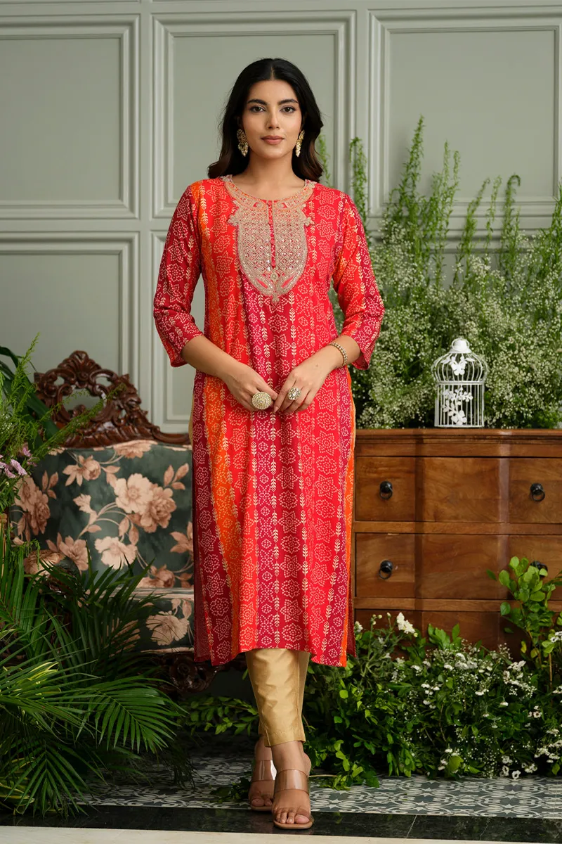 Rayon Bandhani Printed Kurti for Women CLW00609REDS