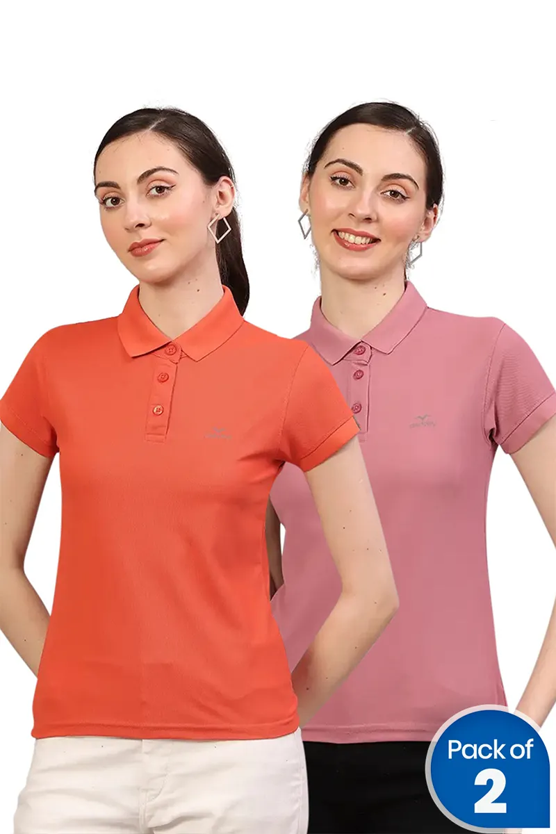 Cotton Blend Solid Polo T-Shirt for Women - Pack of 2