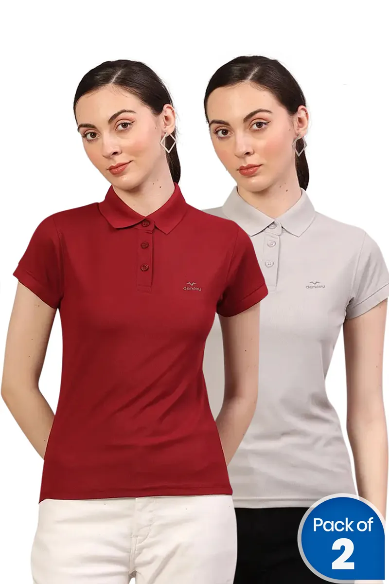 Cotton Blend Solid Polo T-Shirt for Women - Pack of 2