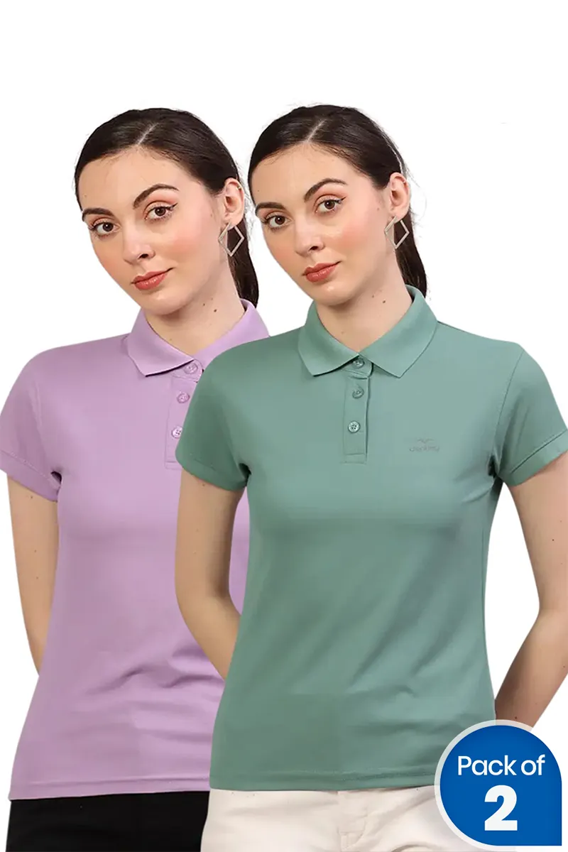 Cotton Blend Solid Polo T-Shirt for Women - Pack of 2 