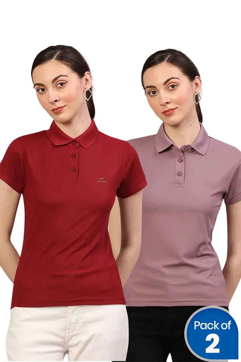 Cotton Blend Solid Polo T-Shirt for Women - Pack of 2 