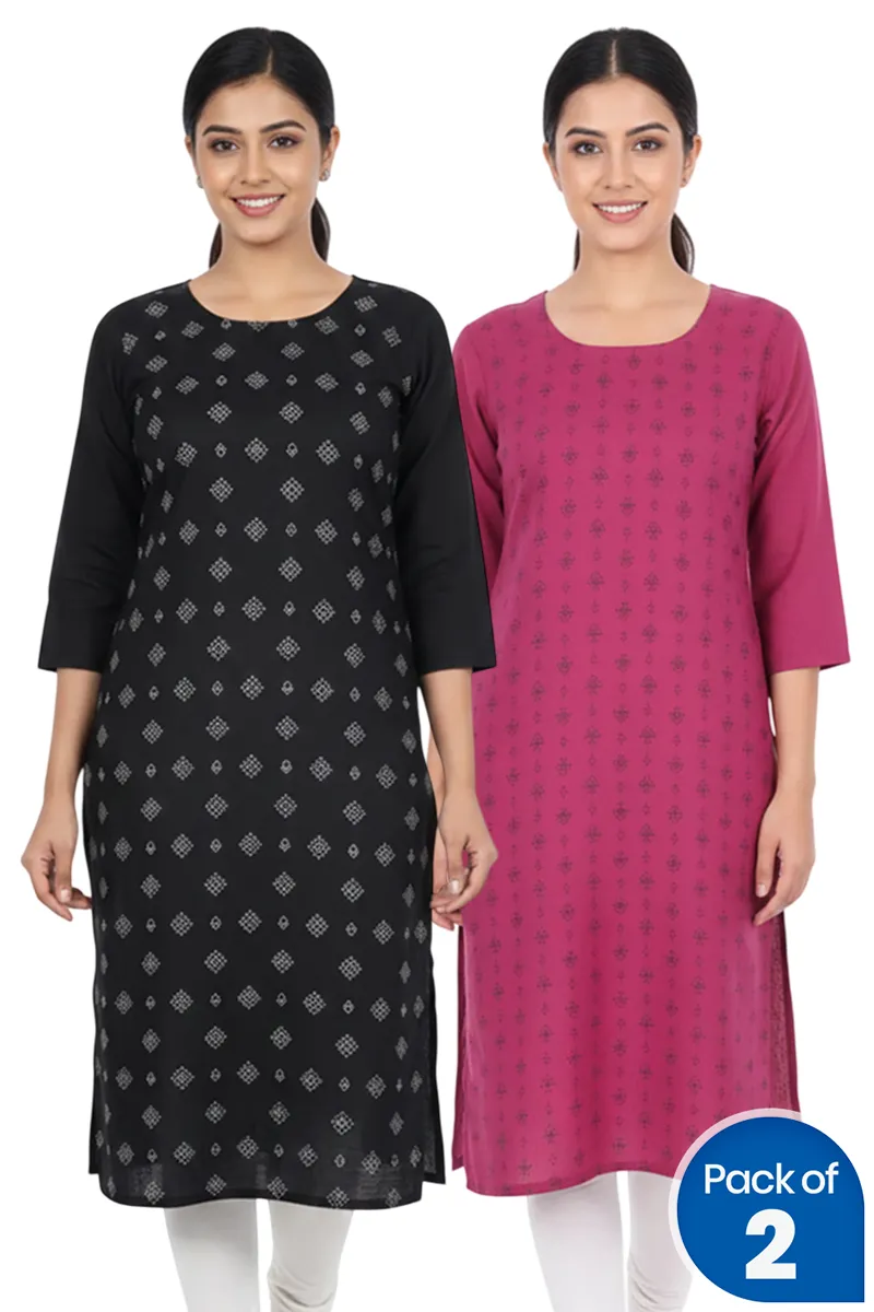 Cotton Blend Printed Kurti for Women - Pack of 2 