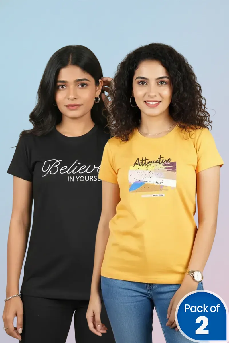 Cotton Typographic Printed T-Shirt for Women - Pack of 2CLWCOM223MULL