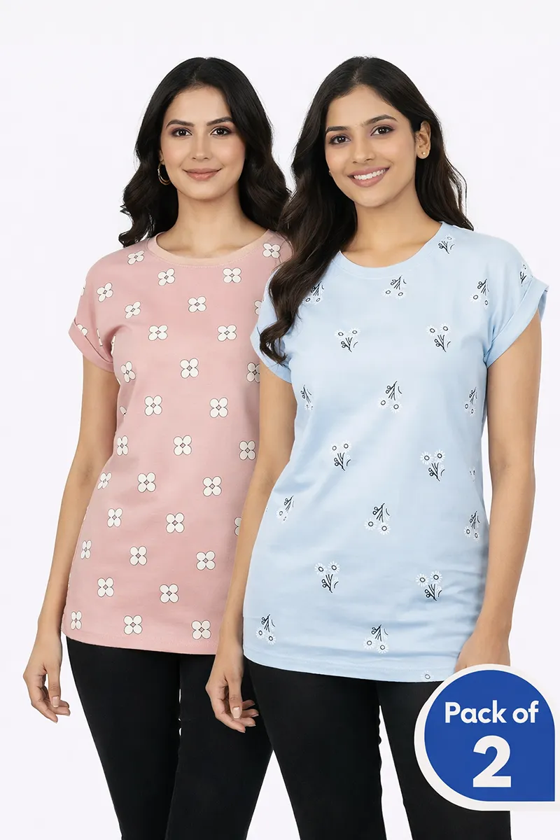 Cotton Floral Printed T-Shirt for Women - Pack of 2