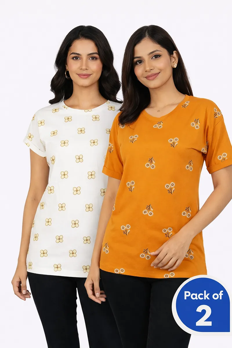 Cotton Floral Printed T-Shirt for Women - Pack of 2