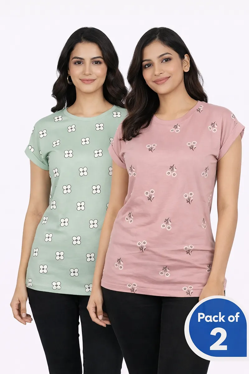 Cotton Floral Printed T-Shirt for Women - Pack of 2