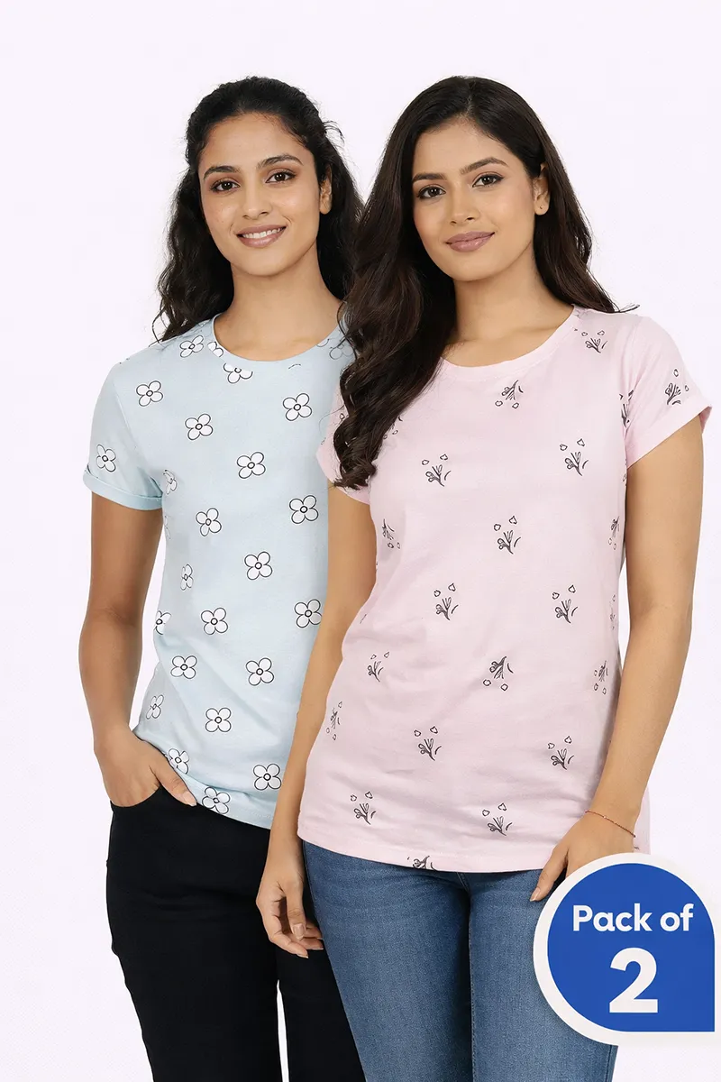 Cotton Floral Printed T-Shirt for Women - Pack of 2 CLWCOM263MULXL