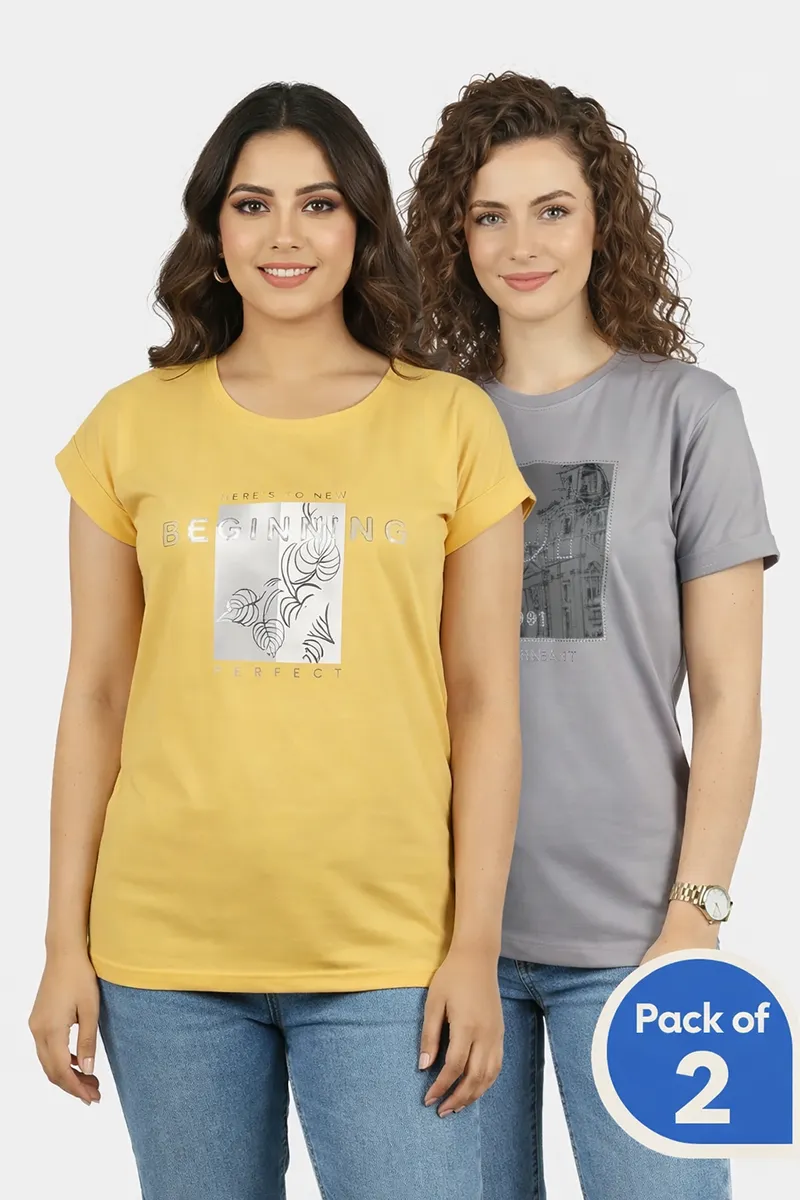 Cotton Printed T-Shirt for Women - Pack of 2 CLWCOM276MULL
