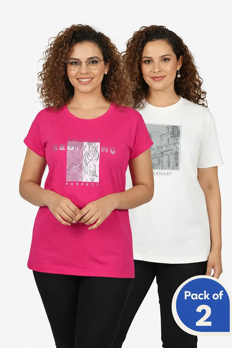 Cotton Printed T-Shirt for Women - Pack of 2 CLWCOM277MULXXL