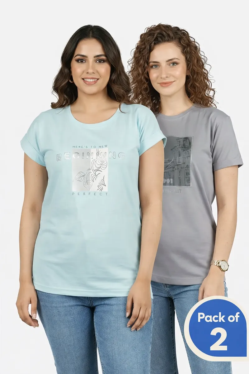 Cotton Printed T-Shirt for Women - Pack of 2 