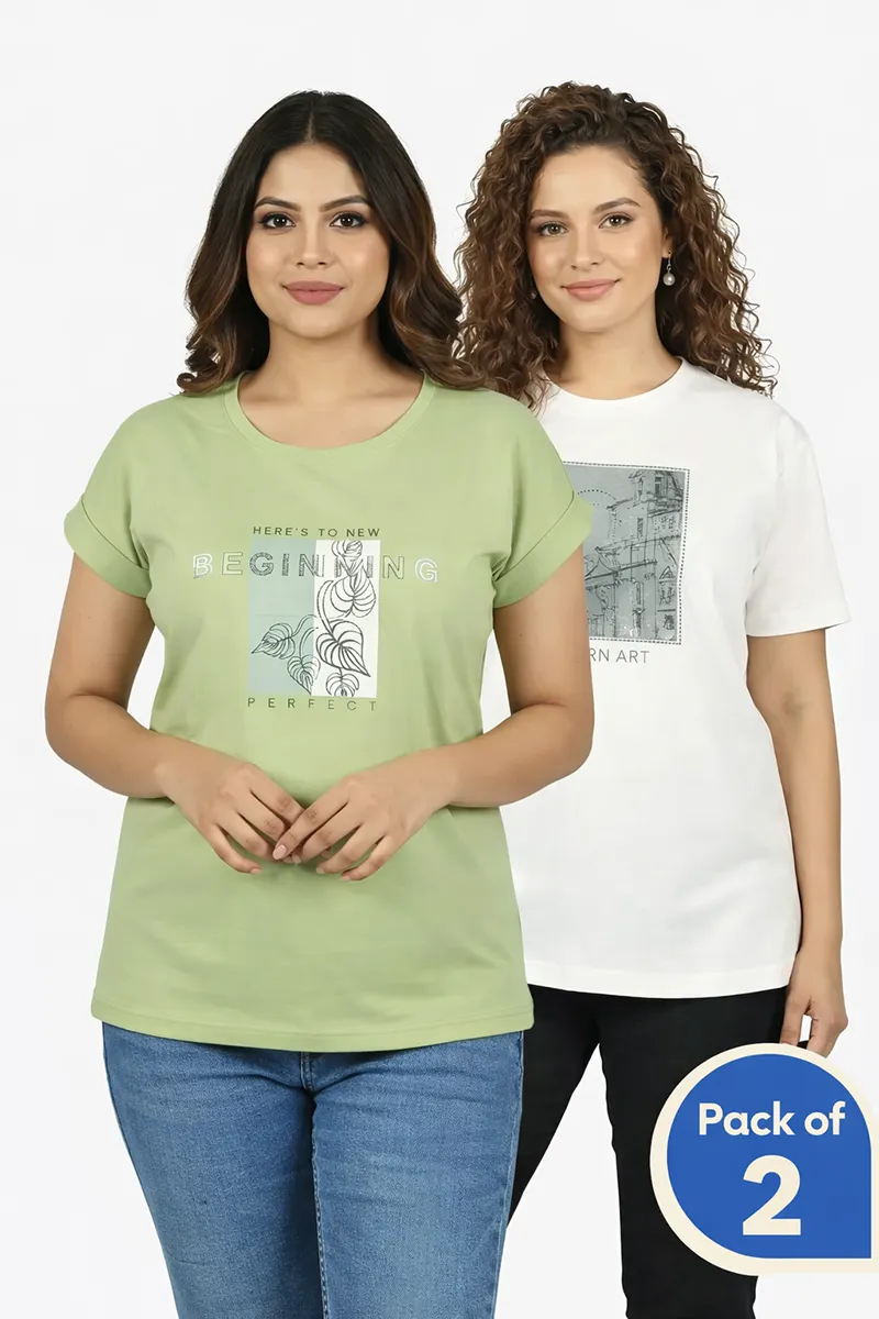 Cotton Printed T-Shirt for Women - Pack of 2 