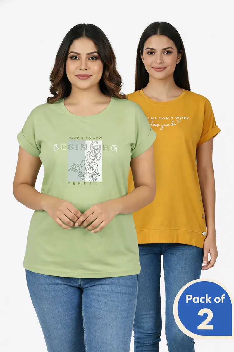 Cotton Printed T-Shirt for Women - Pack of 2 