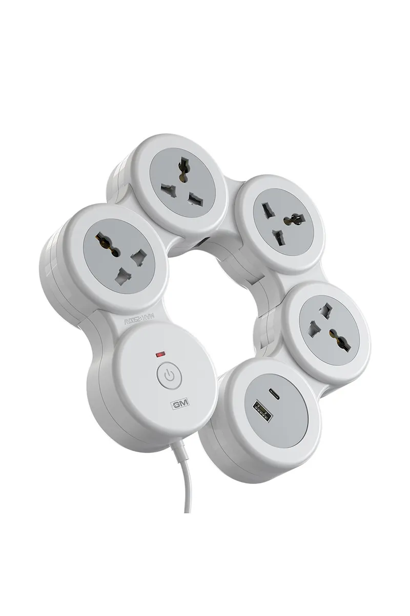 GM G-Hoop 5+1 2500 W Extension Cord with 1.8 M Cord, Type-C & A USB Port, Overcurrent Protection (White)