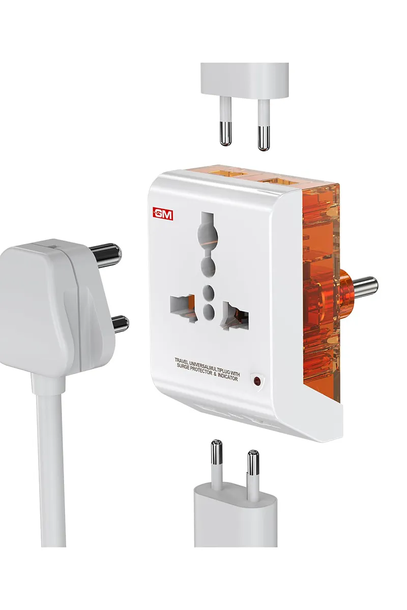 GM 3011 3 Pin Universal Multiplug Travel Adapter with Multiple Charging Ports (White)